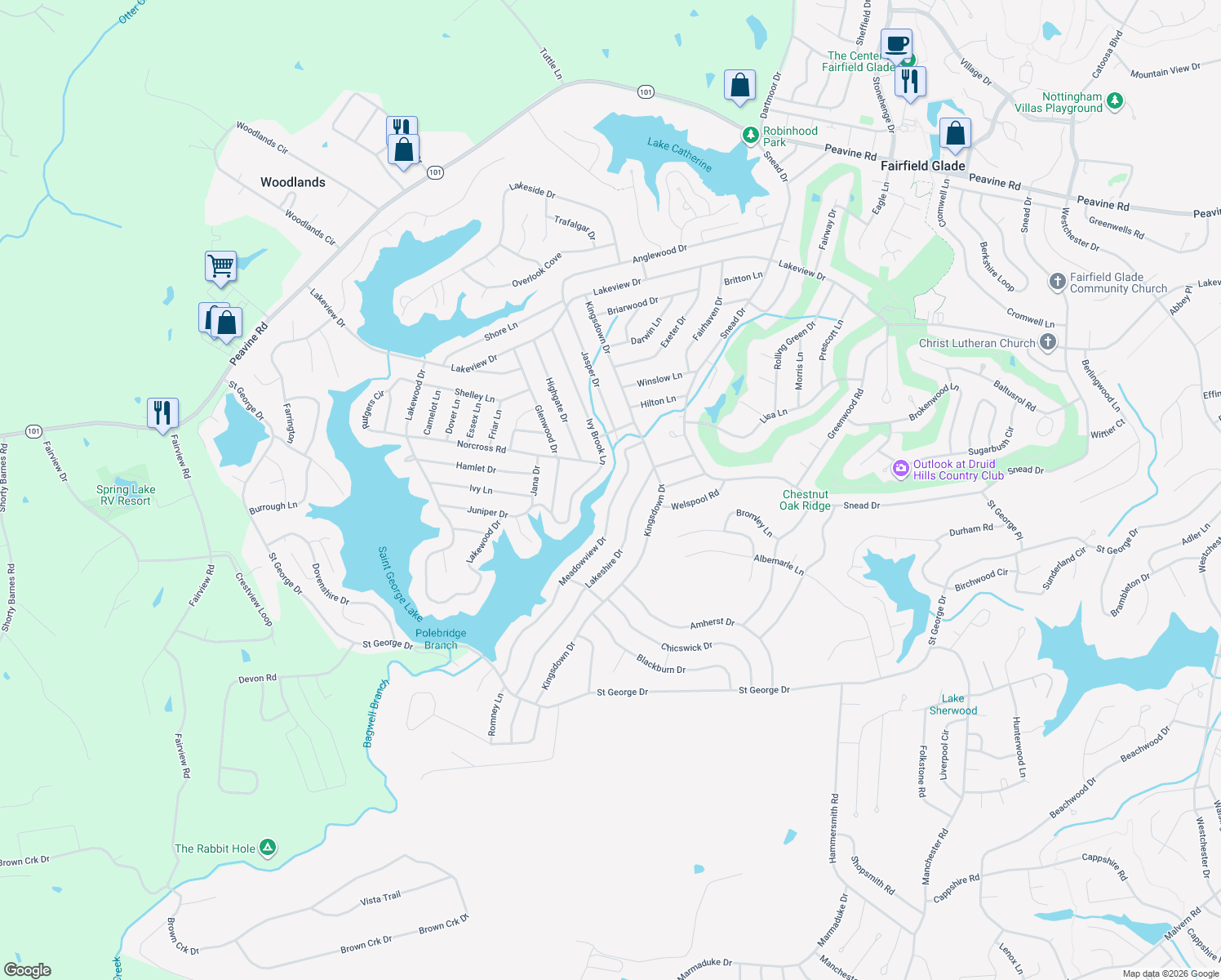 map of restaurants, bars, coffee shops, grocery stores, and more near 185 Meadowview Drive in Crossville