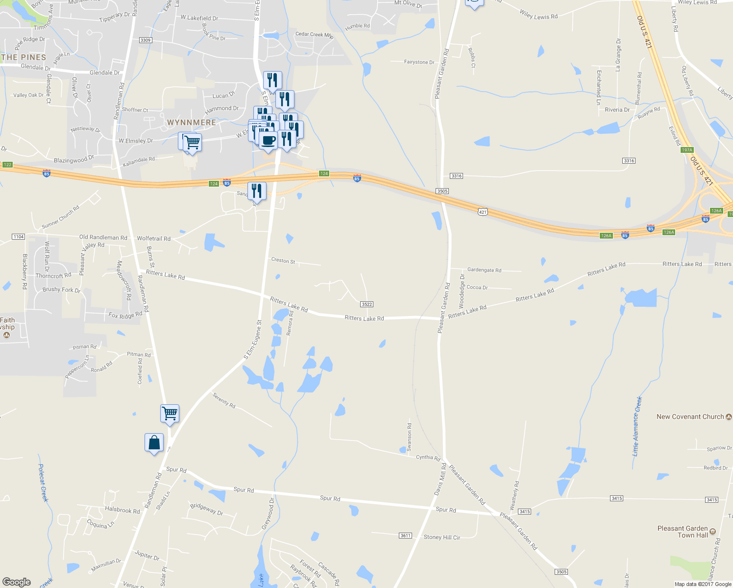 map of restaurants, bars, coffee shops, grocery stores, and more near 4507 Lansbury Road in Greensboro