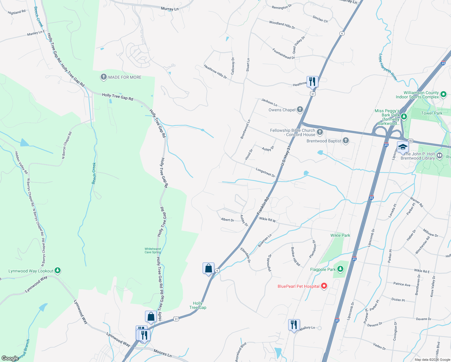 map of restaurants, bars, coffee shops, grocery stores, and more near 5114 Dorchester Circle in Brentwood