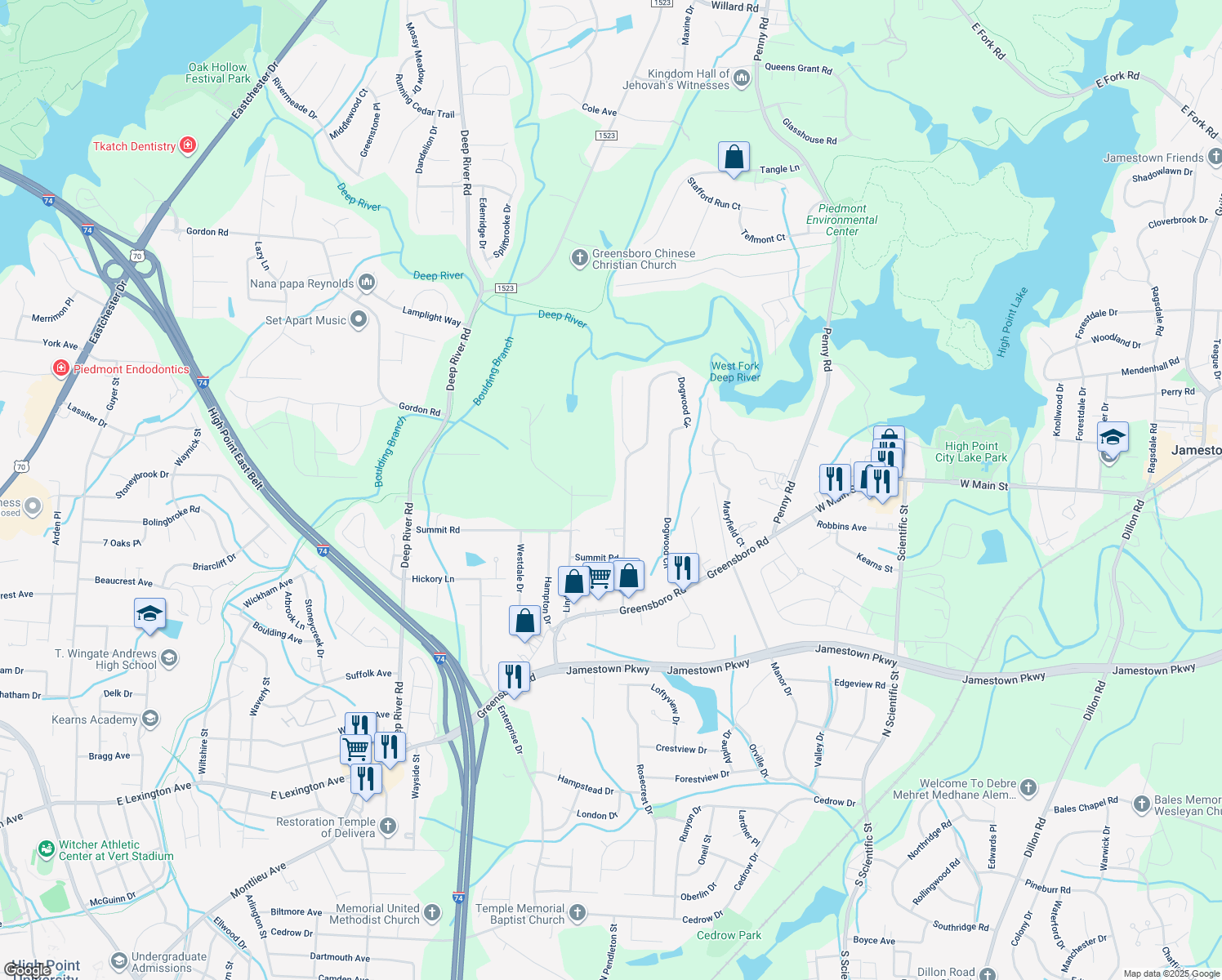 map of restaurants, bars, coffee shops, grocery stores, and more near 401 Dogwood Circle in High Point