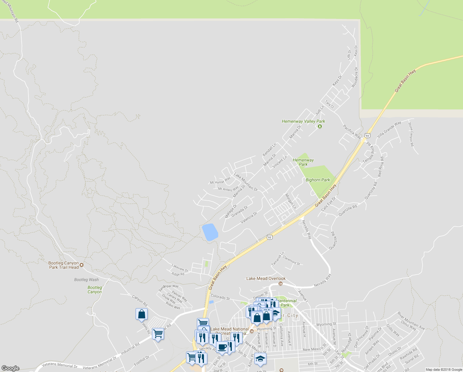 map of restaurants, bars, coffee shops, grocery stores, and more near 623 Mount Elbert Way in Boulder City