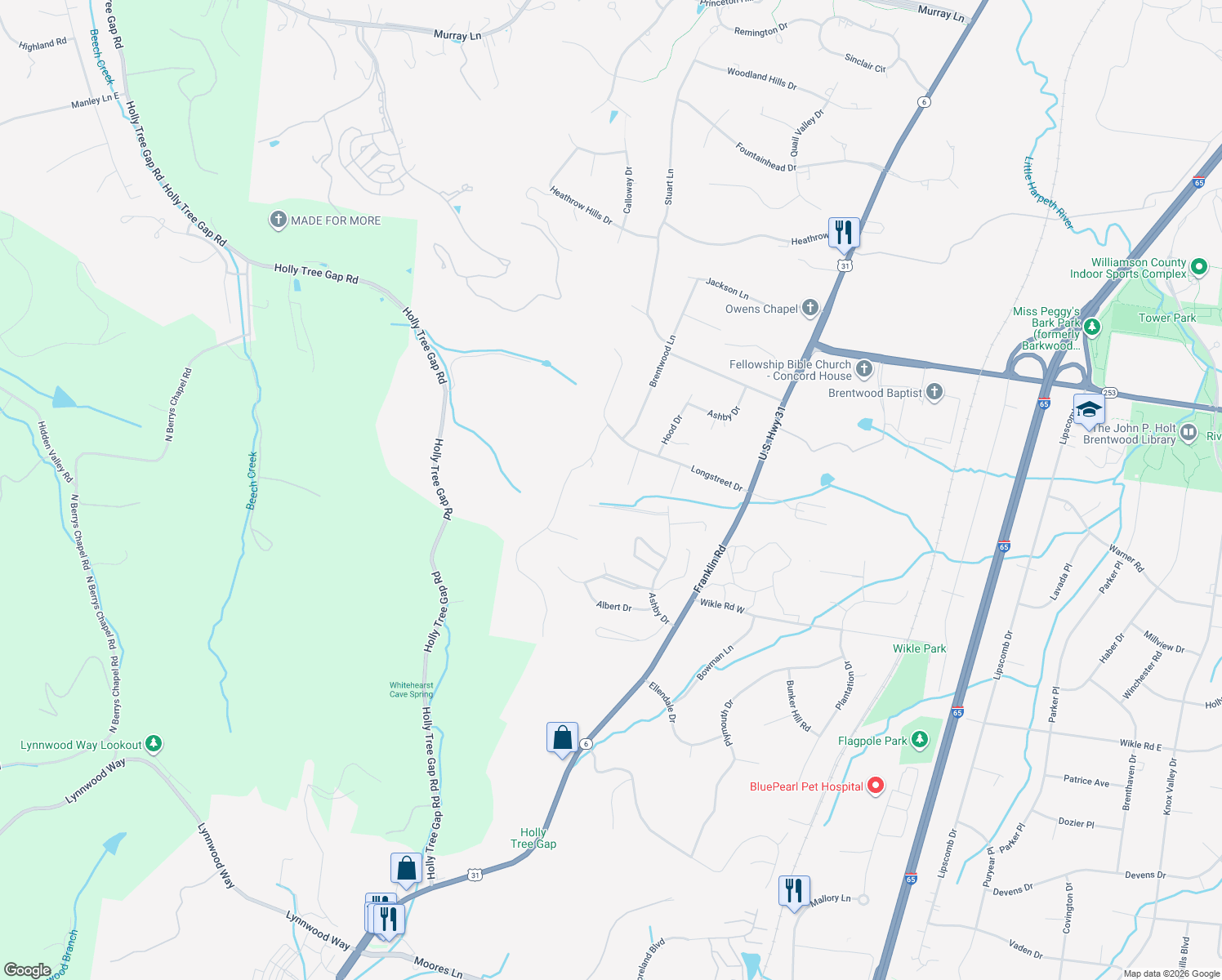 map of restaurants, bars, coffee shops, grocery stores, and more near 5114 Dorchester Circle in Brentwood