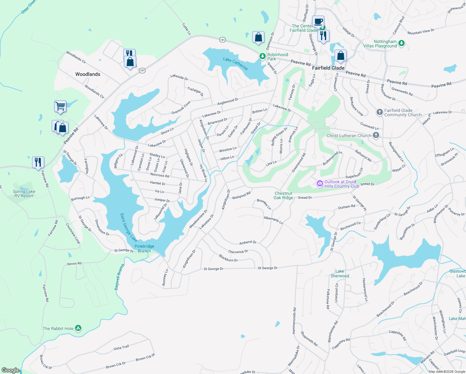map of restaurants, bars, coffee shops, grocery stores, and more near 217 Kingsdown Drive in Crossville