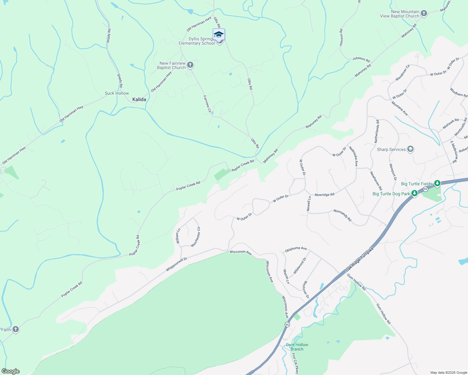 map of restaurants, bars, coffee shops, grocery stores, and more near 1134 West Outer Drive in Oak Ridge