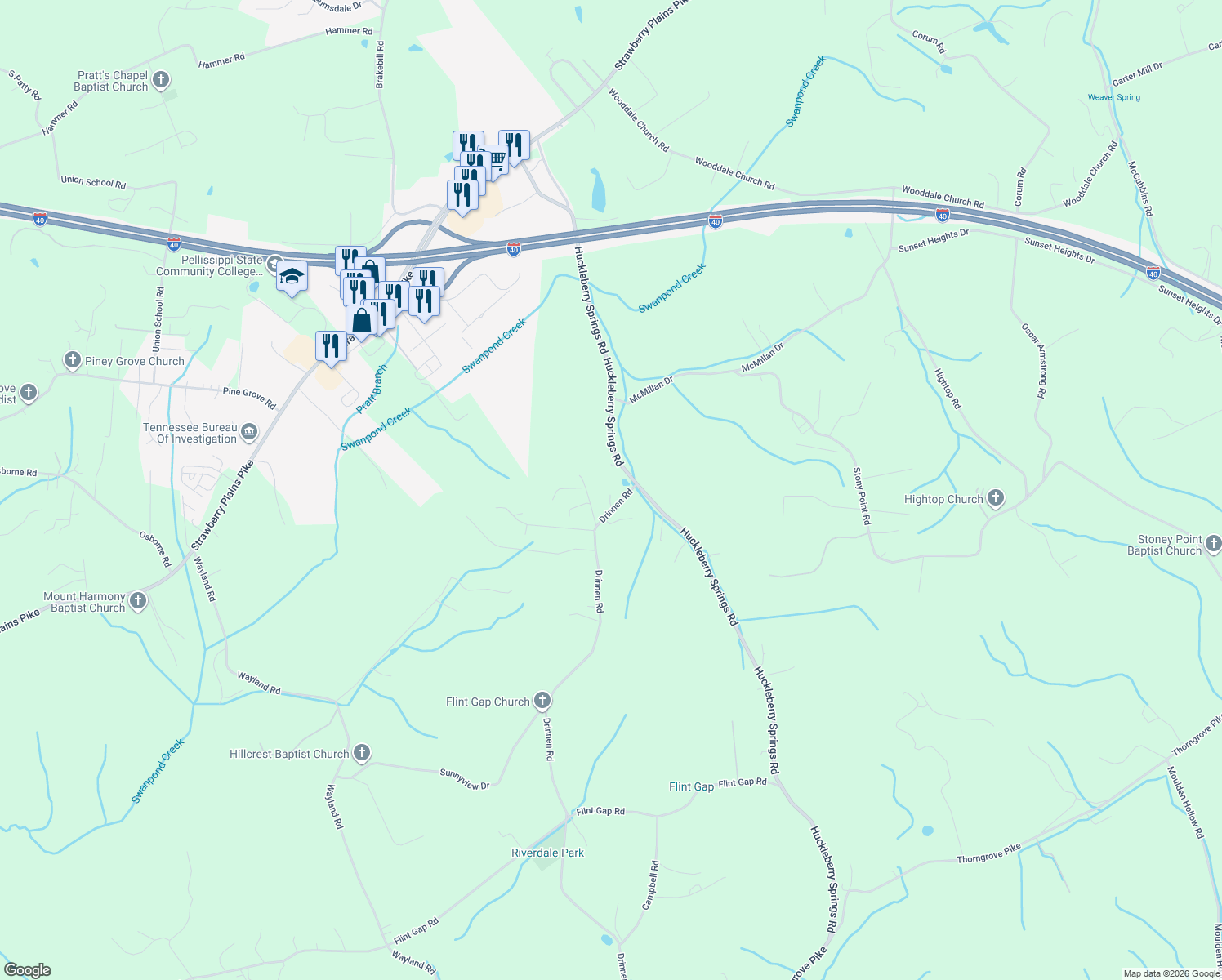 map of restaurants, bars, coffee shops, grocery stores, and more near 1601 Drinnen Road in Knoxville