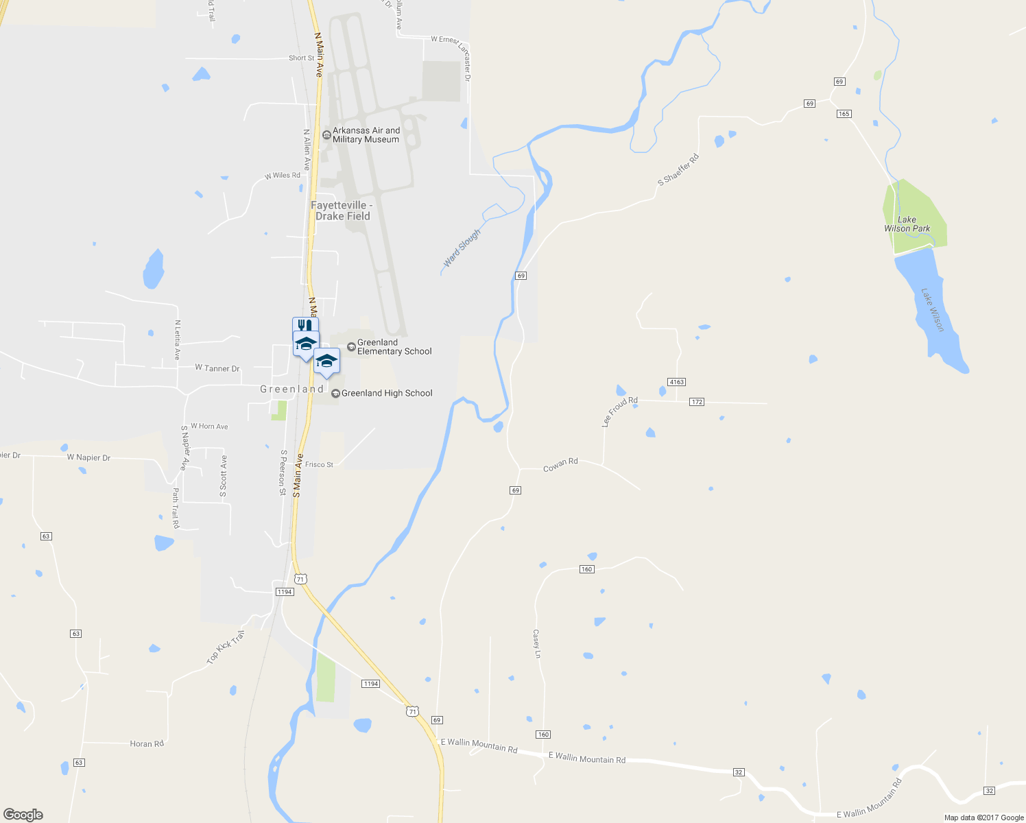 map of restaurants, bars, coffee shops, grocery stores, and more near 4800 South Shaeffer Road in Fayetteville