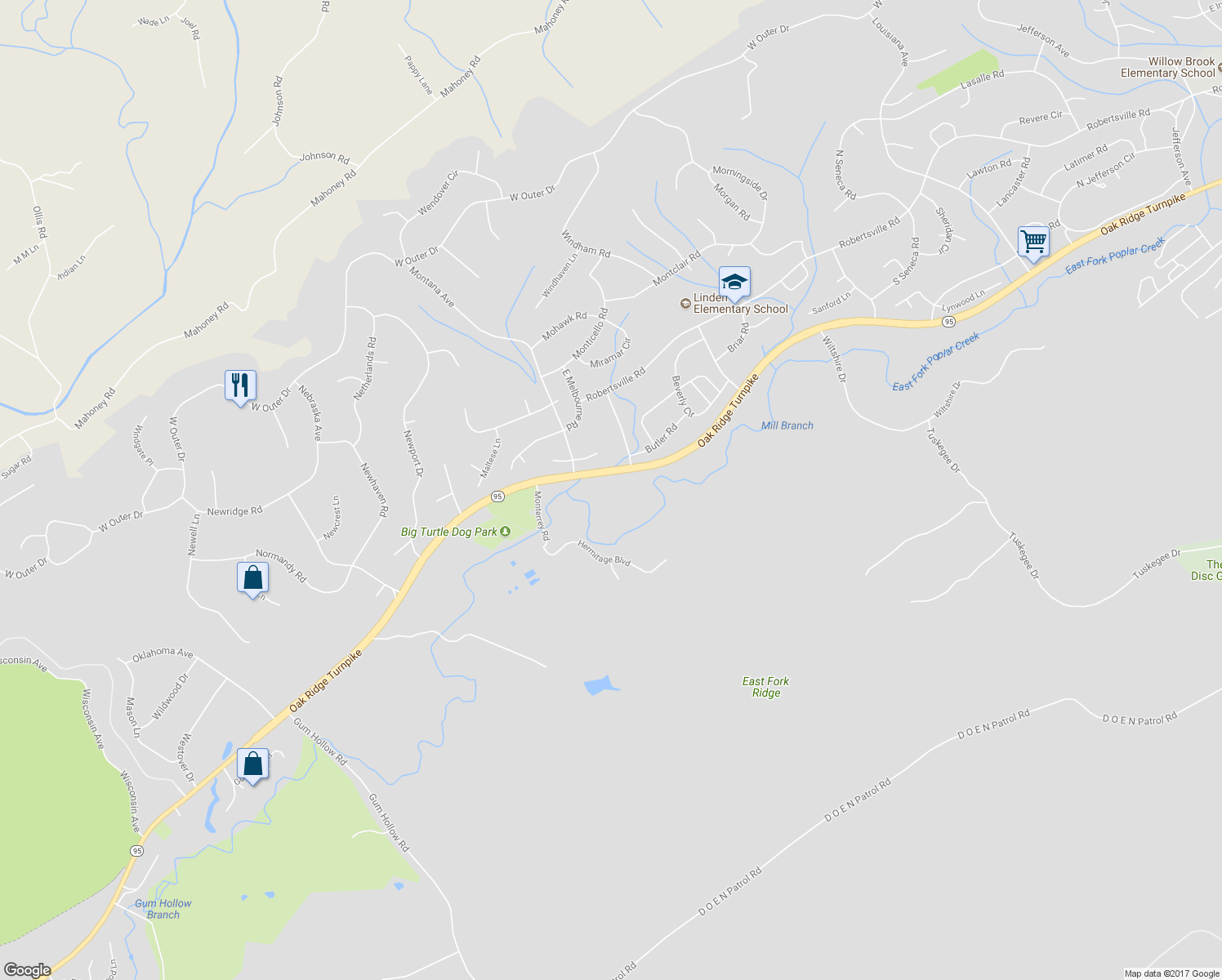 map of restaurants, bars, coffee shops, grocery stores, and more near 2385 Oak Ridge Turnpike in Oak Ridge