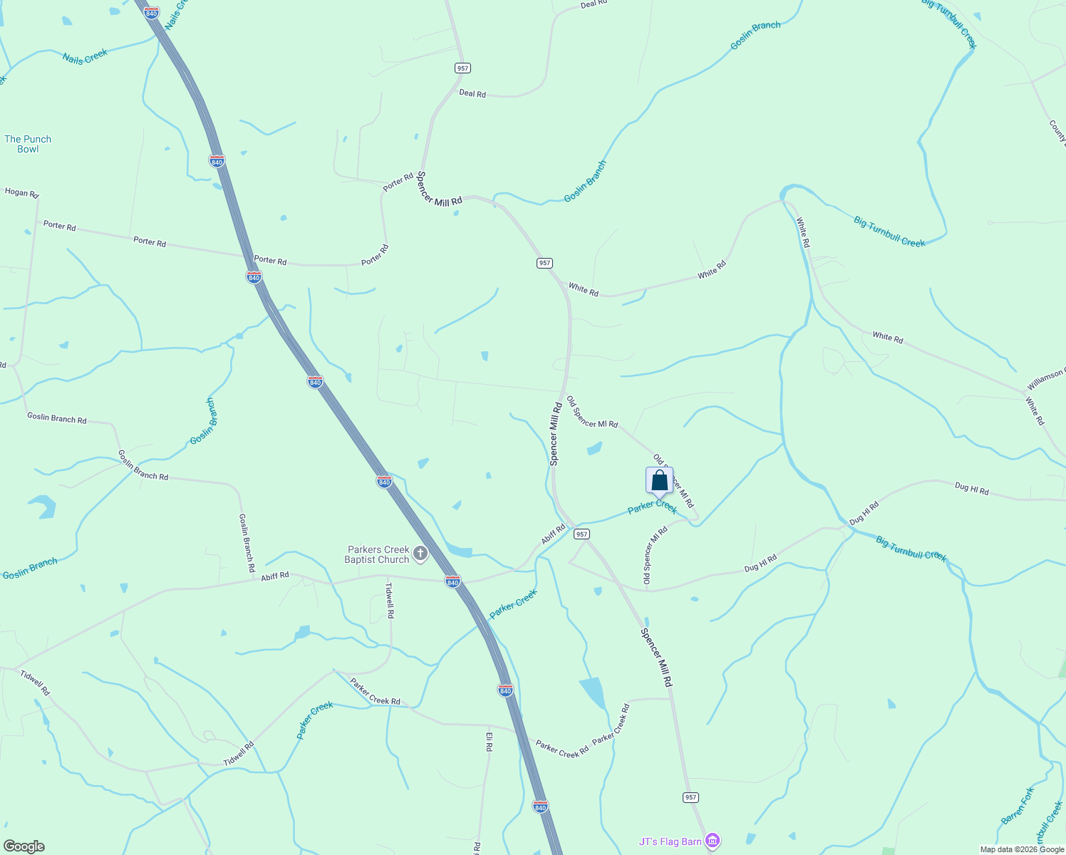 map of restaurants, bars, coffee shops, grocery stores, and more near 2420 Spencer Mill Road in Burns