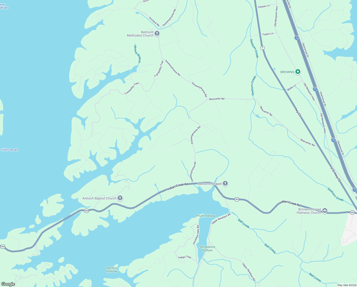 map of restaurants, bars, coffee shops, grocery stores, and more near 1361 Swannsylvania Road in Dandridge