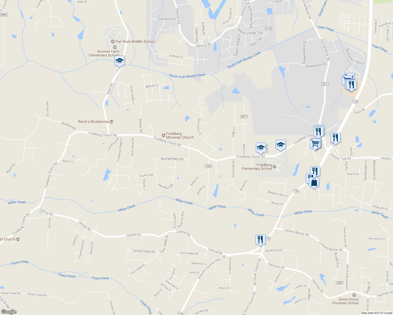 map of restaurants, bars, coffee shops, grocery stores, and more near 1853 Friedberg Church Road in Winston-Salem