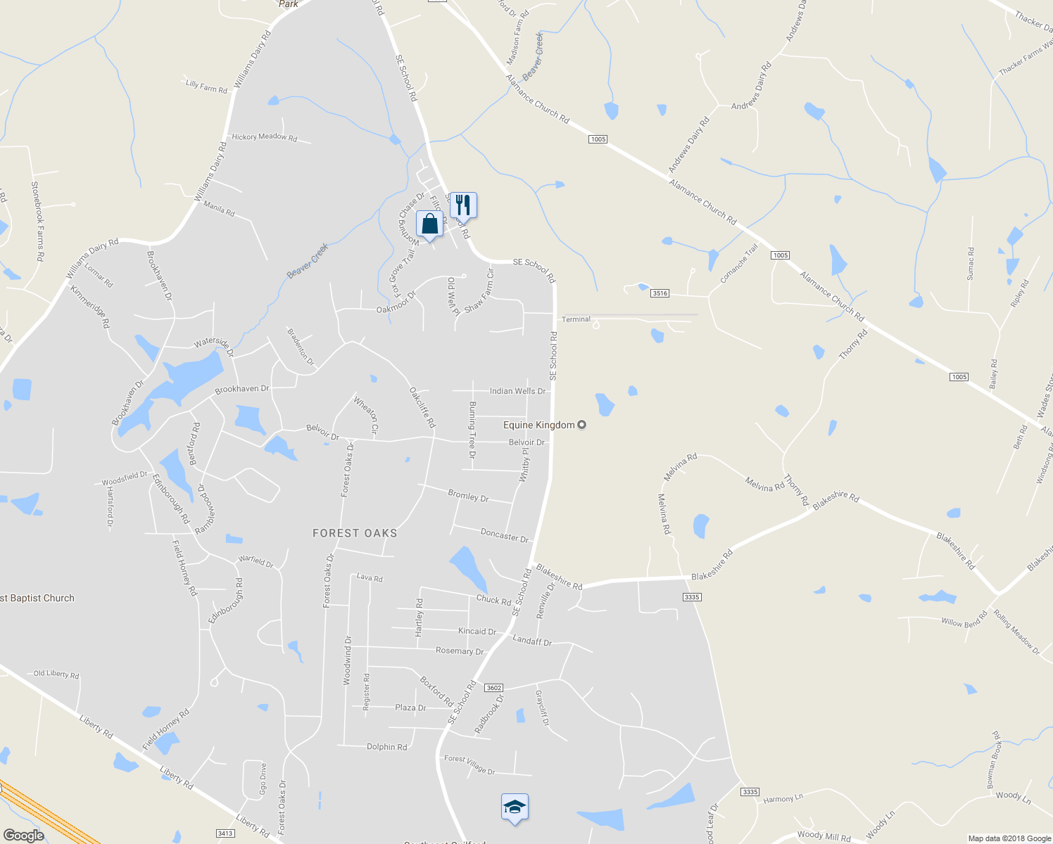 map of restaurants, bars, coffee shops, grocery stores, and more near 4501 Whitby Place in Greensboro