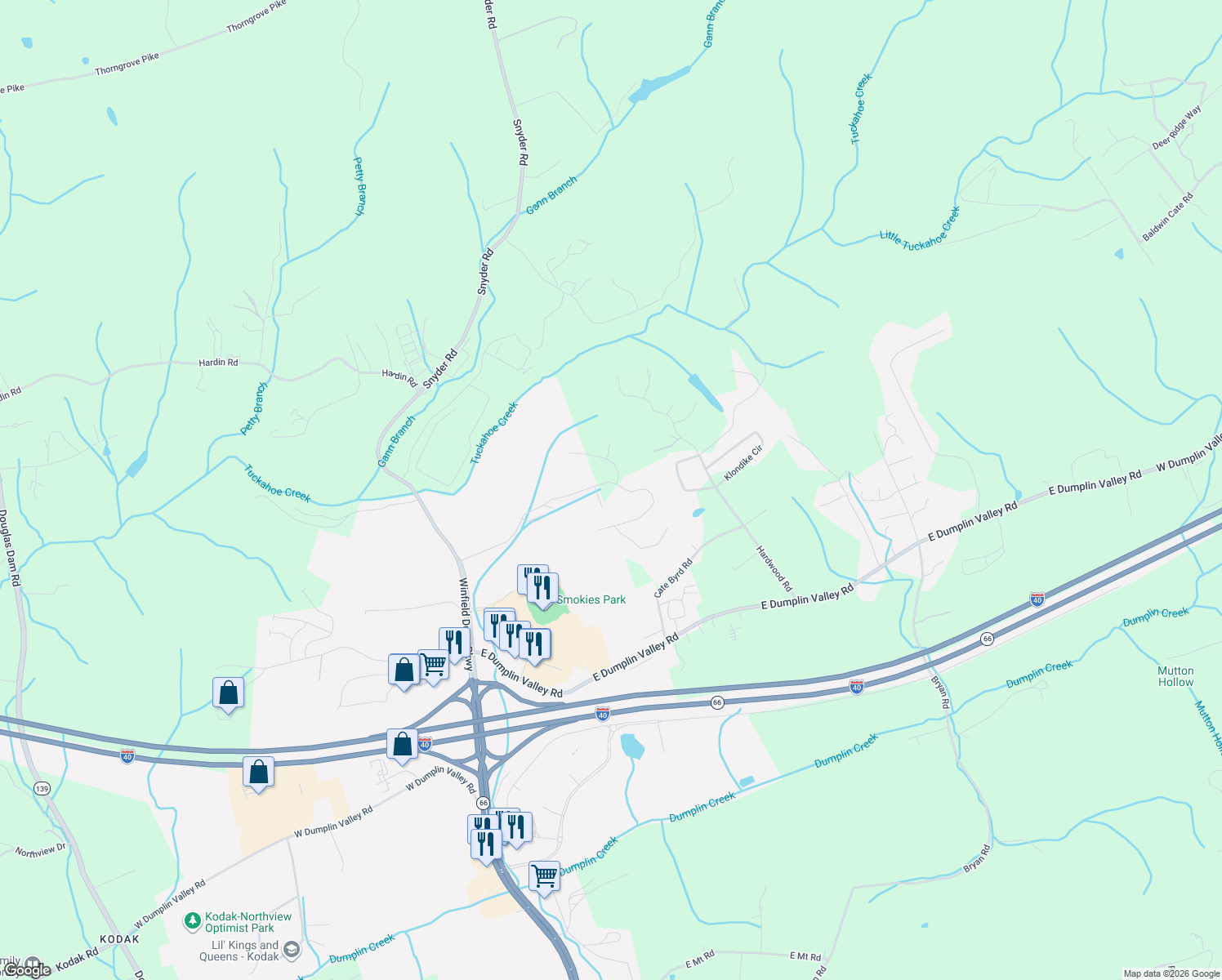 map of restaurants, bars, coffee shops, grocery stores, and more near 3716 Blue Byrd Lane in Kodak