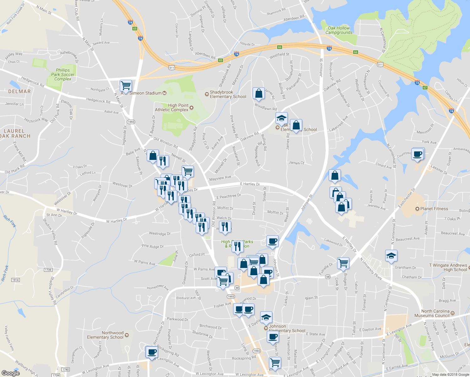 map of restaurants, bars, coffee shops, grocery stores, and more near 130 Sunview Avenue in High Point