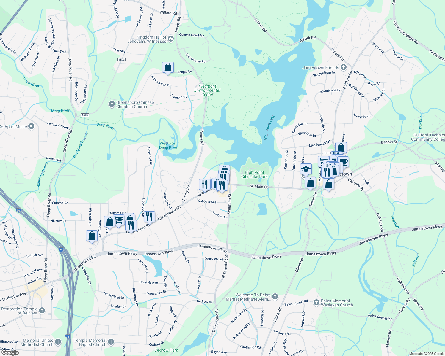 map of restaurants, bars, coffee shops, grocery stores, and more near 100-298 Parkview Terrace in Jamestown