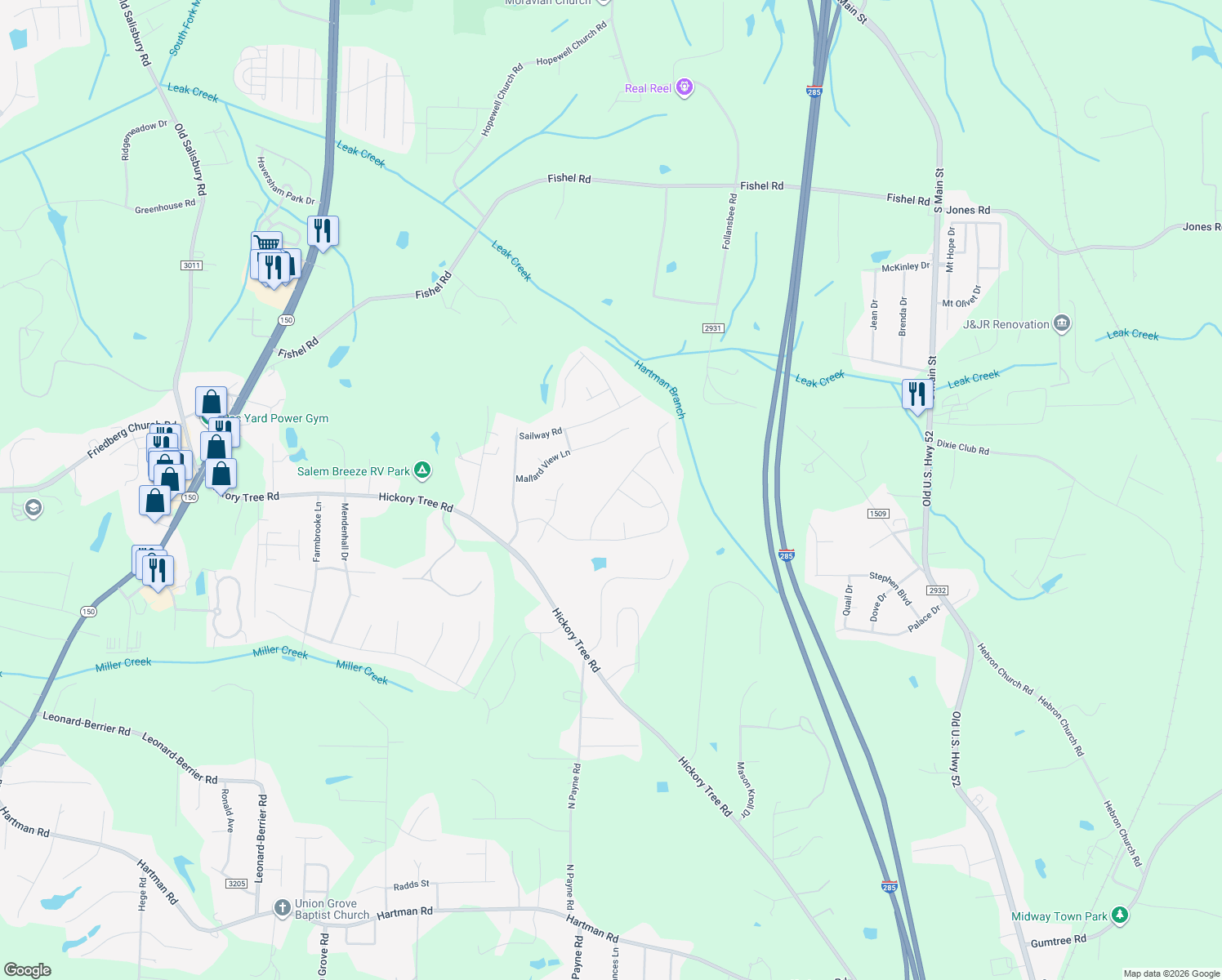 map of restaurants, bars, coffee shops, grocery stores, and more near 255 Bald Cypress Drive in Winston-Salem