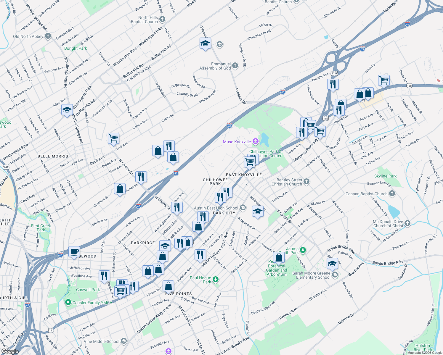 map of restaurants, bars, coffee shops, grocery stores, and more near 2922 Woodbine Avenue in Knoxville