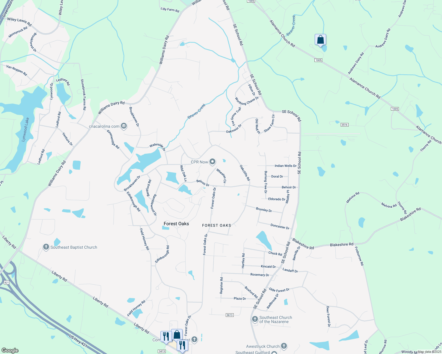 map of restaurants, bars, coffee shops, grocery stores, and more near 16 Wheaton Cir in Greensboro