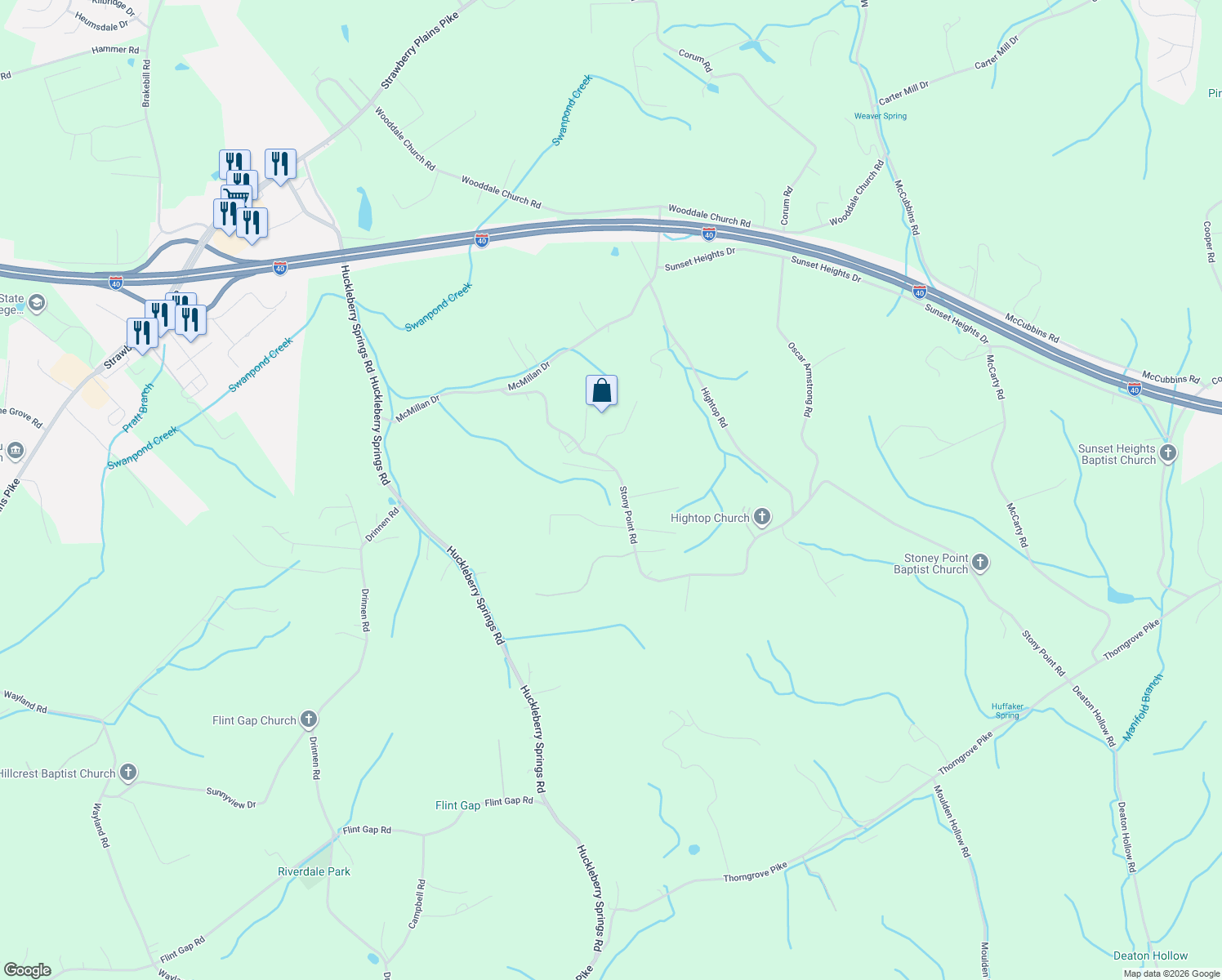 map of restaurants, bars, coffee shops, grocery stores, and more near 1329 Stony Point Road in Knoxville