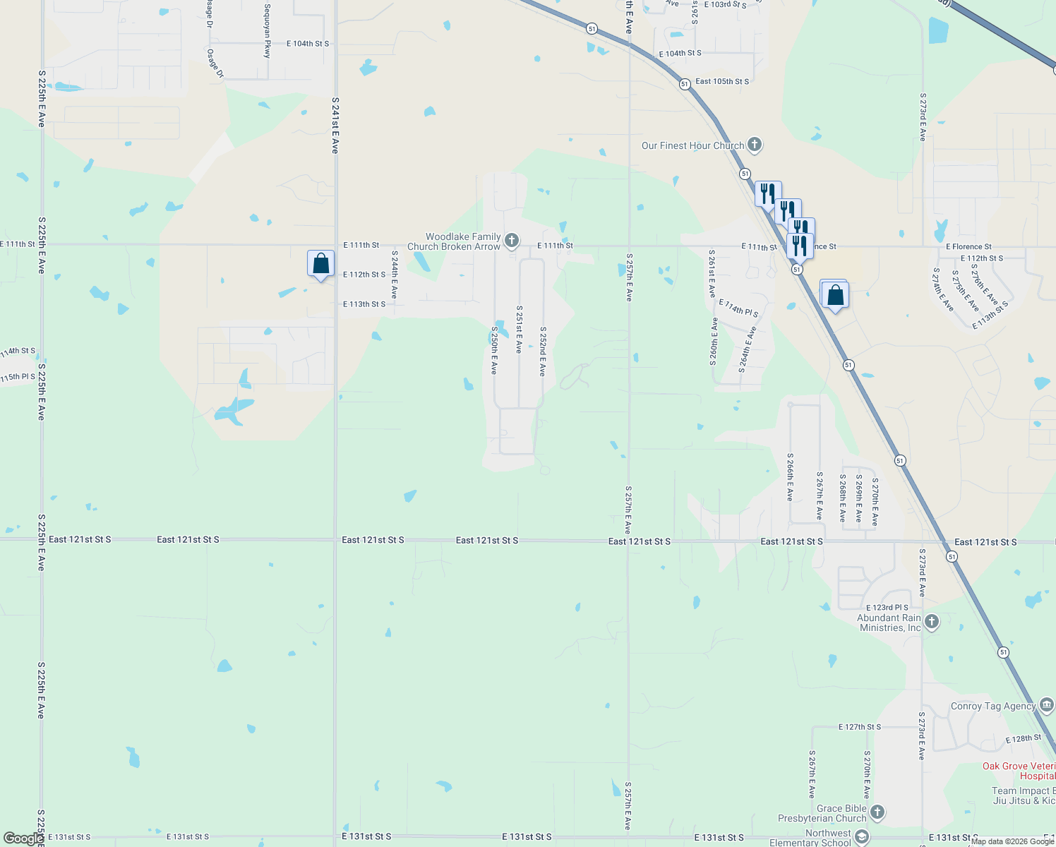 map of restaurants, bars, coffee shops, grocery stores, and more near 11664 South 252nd East Avenue in Broken Arrow