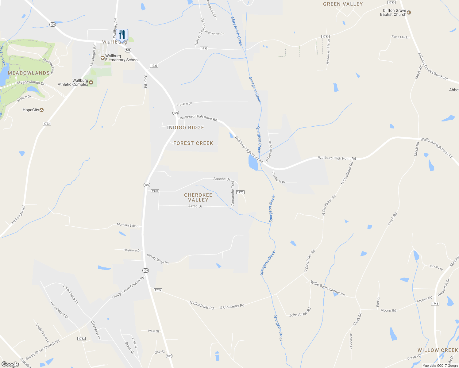 map of restaurants, bars, coffee shops, grocery stores, and more near 134 Comanche Trail in Winston-Salem