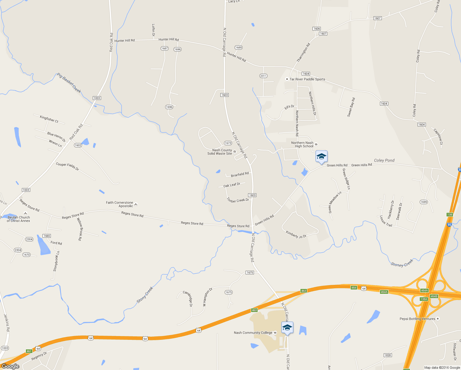 map of restaurants, bars, coffee shops, grocery stores, and more near 3172 Oak Leaf Drive in Rocky Mount