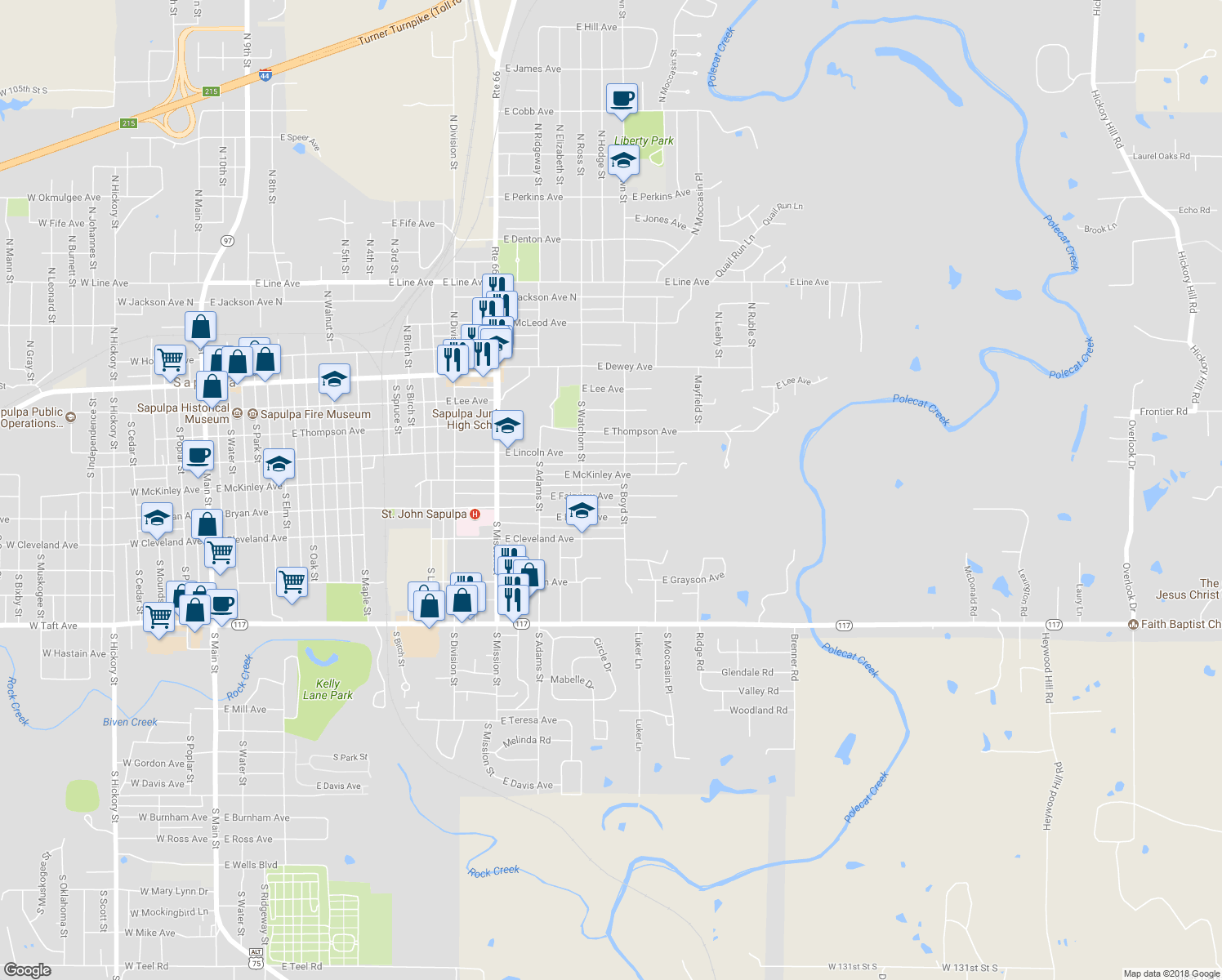 map of restaurants, bars, coffee shops, grocery stores, and more near 1335 East Fairview Avenue in Sapulpa