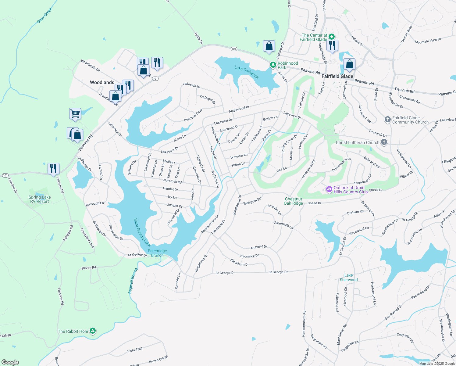 map of restaurants, bars, coffee shops, grocery stores, and more near 204 Meadowview Drive in Crossville