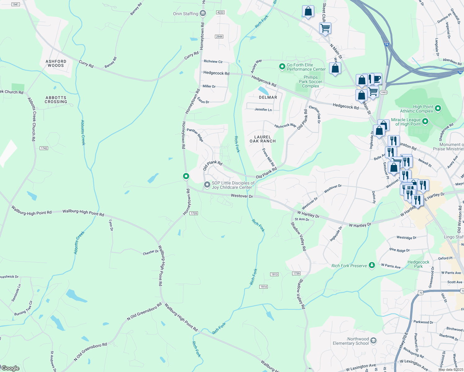 map of restaurants, bars, coffee shops, grocery stores, and more near 1323 Bayswater Drive in High Point