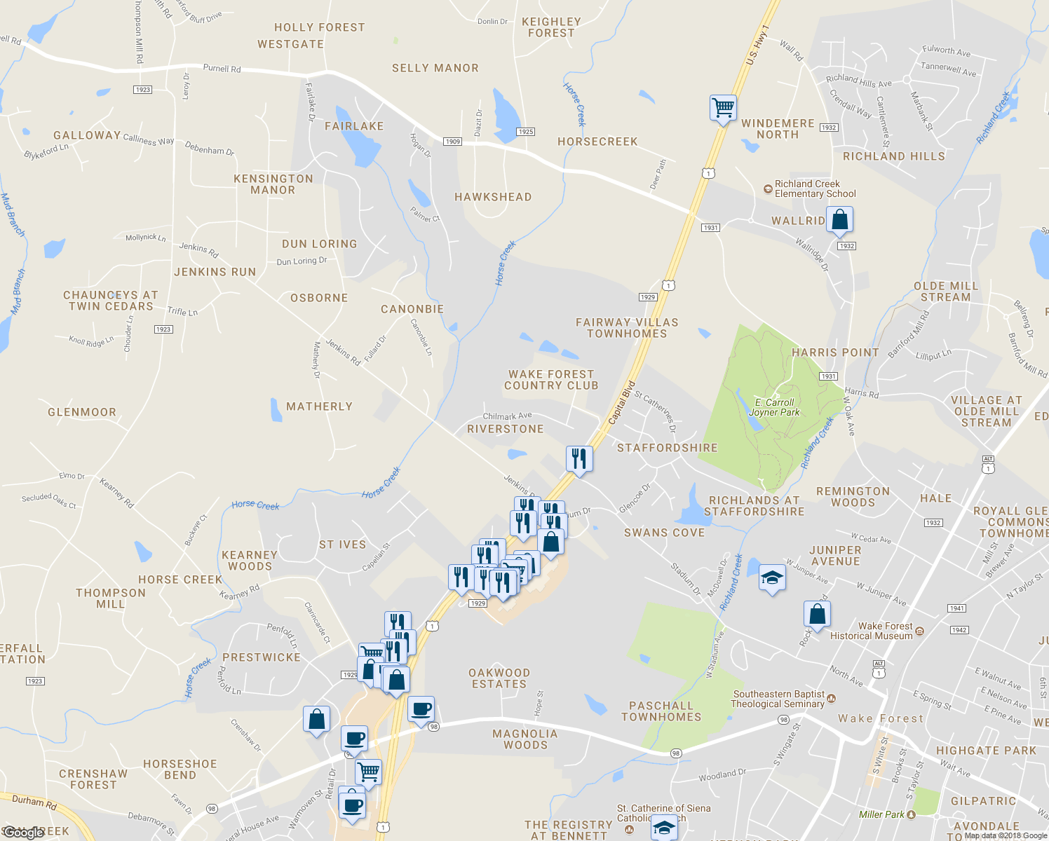 map of restaurants, bars, coffee shops, grocery stores, and more near 1137 Chilmark Avenue in Wake Forest