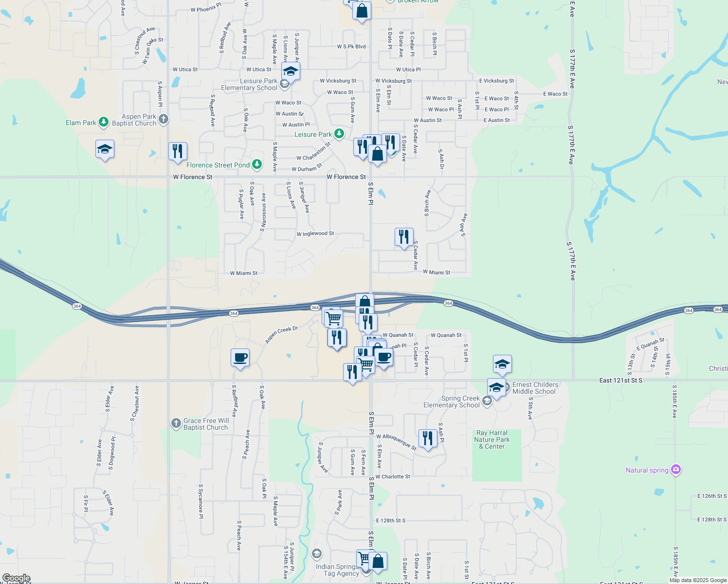 map of restaurants, bars, coffee shops, grocery stores, and more near Liberty Trail in Broken Arrow