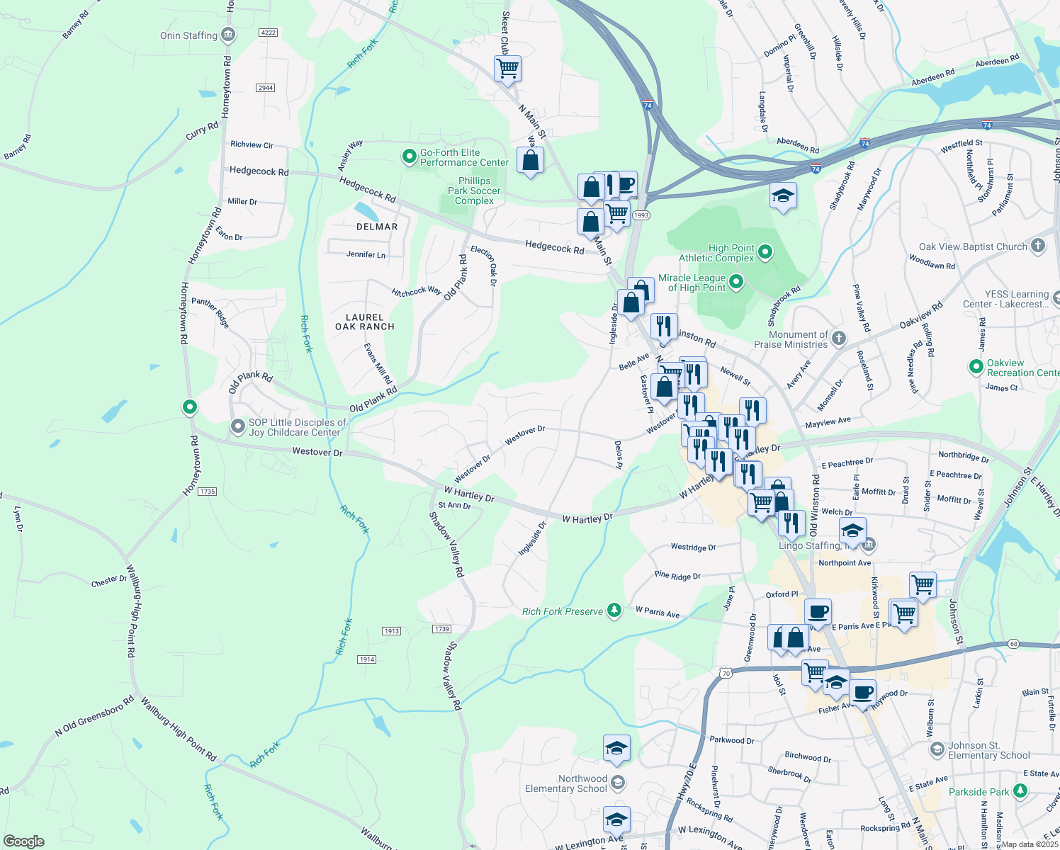 map of restaurants, bars, coffee shops, grocery stores, and more near 600 Westover Drive in High Point