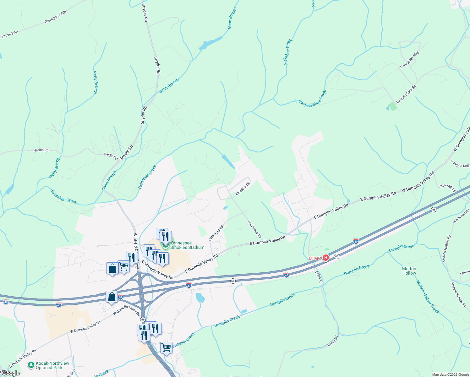 map of restaurants, bars, coffee shops, grocery stores, and more near 464 Klondike Circle in Kodak