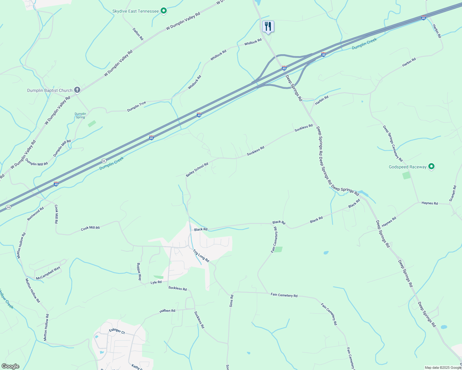 map of restaurants, bars, coffee shops, grocery stores, and more near 2036 Sockless Road in Dandridge