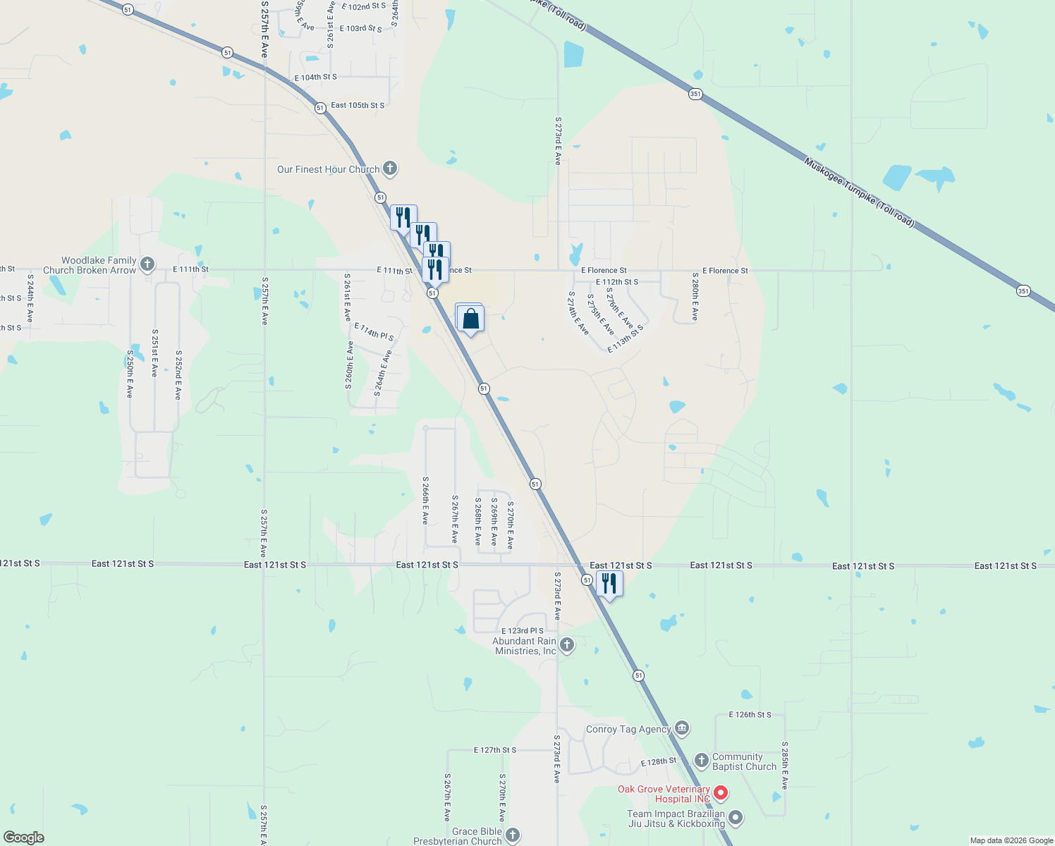 map of restaurants, bars, coffee shops, grocery stores, and more near 11629 South 272nd East Avenue in Coweta