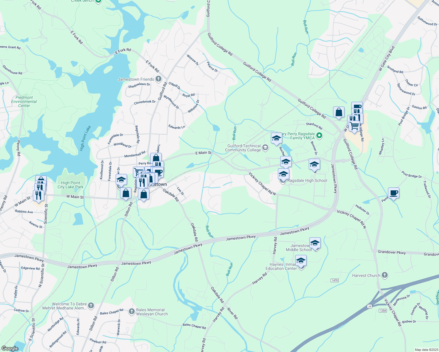 map of restaurants, bars, coffee shops, grocery stores, and more near 208 Yorkleigh Lane in Jamestown
