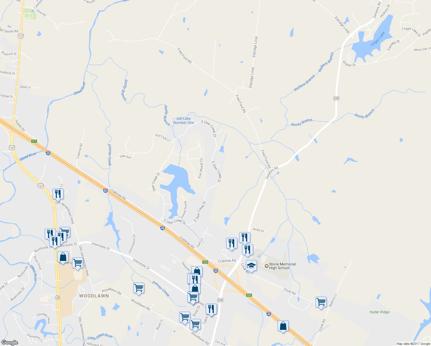 map of restaurants, bars, coffee shops, grocery stores, and more near 837 East Deer Creek Drive in Crossville