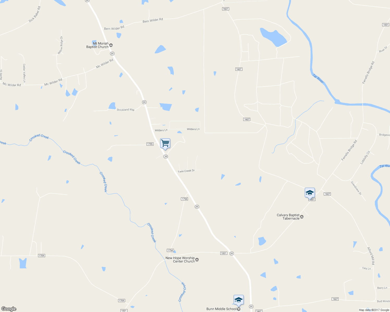 map of restaurants, bars, coffee shops, grocery stores, and more near 55 Ridge Haven Drive in Louisburg
