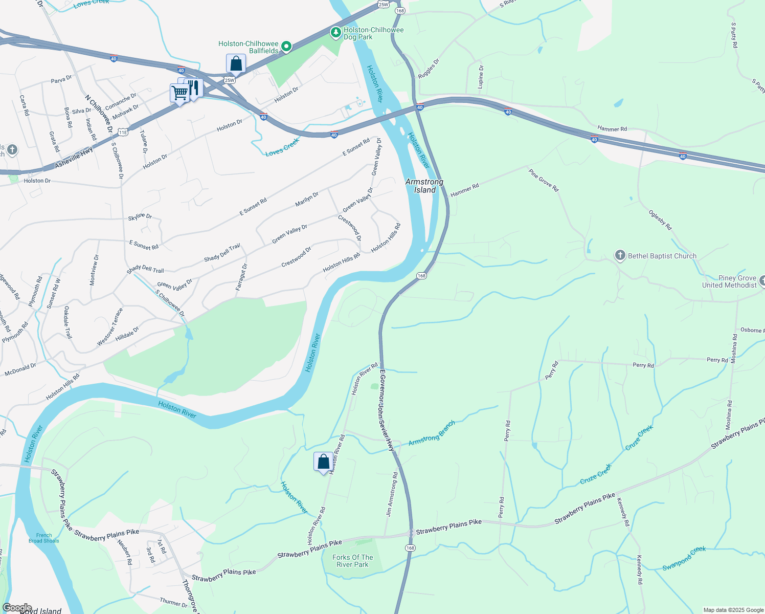 map of restaurants, bars, coffee shops, grocery stores, and more near 4712 Willow Bluff Circle in Knoxville