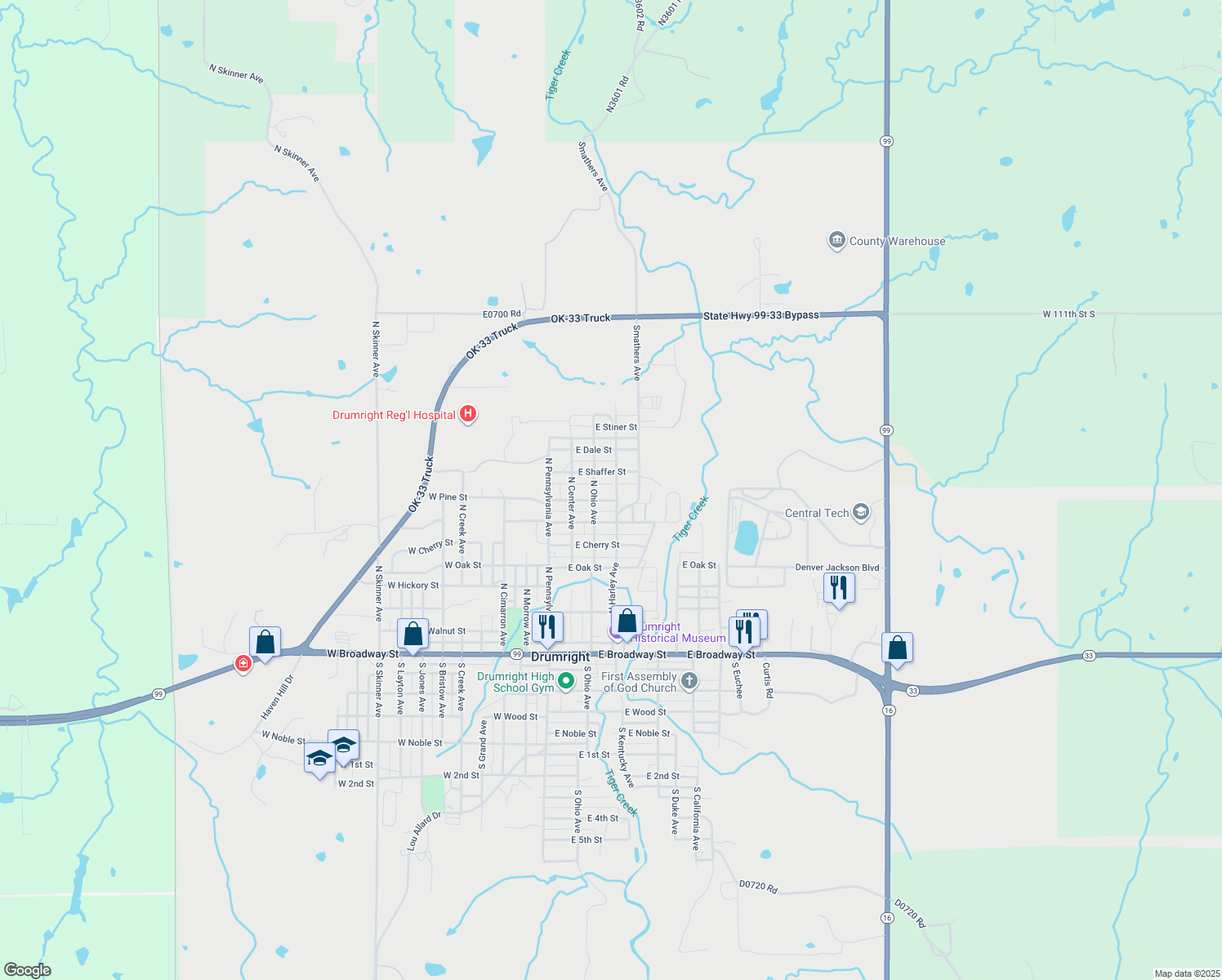 map of restaurants, bars, coffee shops, grocery stores, and more near 809 North Harley Avenue in Drumright
