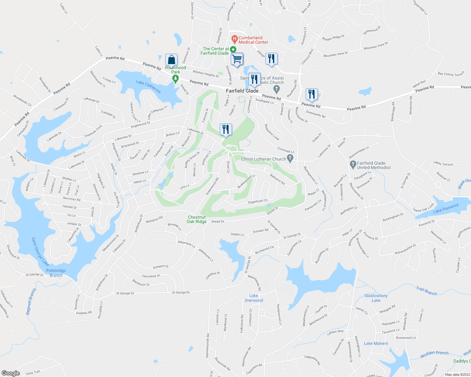 map of restaurants, bars, coffee shops, grocery stores, and more near 127 Brokenwood Lane in Crossville