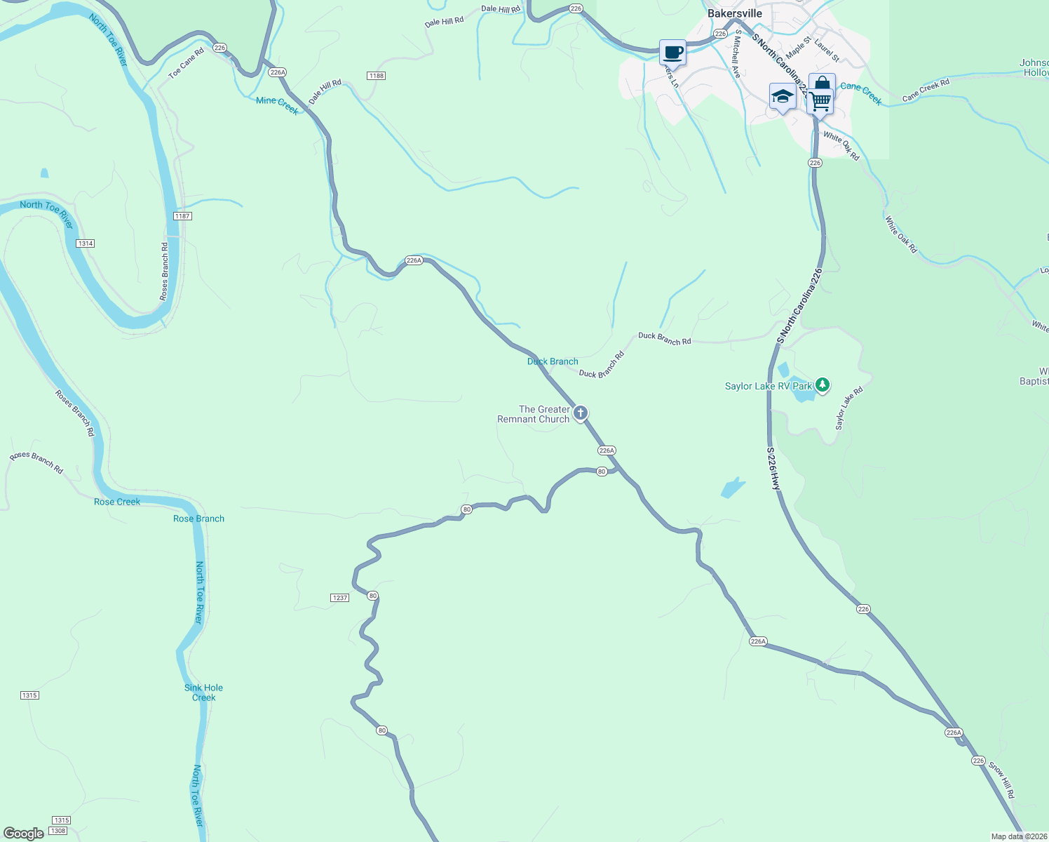 map of restaurants, bars, coffee shops, grocery stores, and more near 212 Buckeye Hollow Road in Bakersville