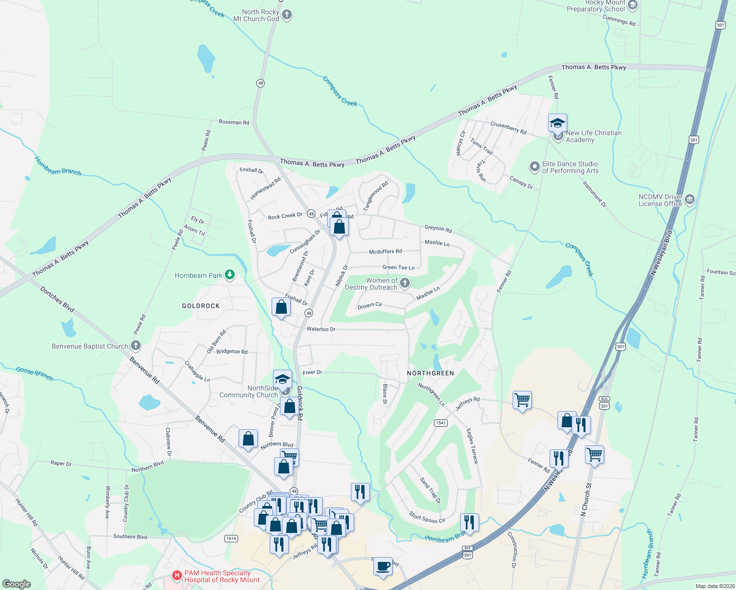 map of restaurants, bars, coffee shops, grocery stores, and more near 1240 Drivers Circle in Rocky Mount