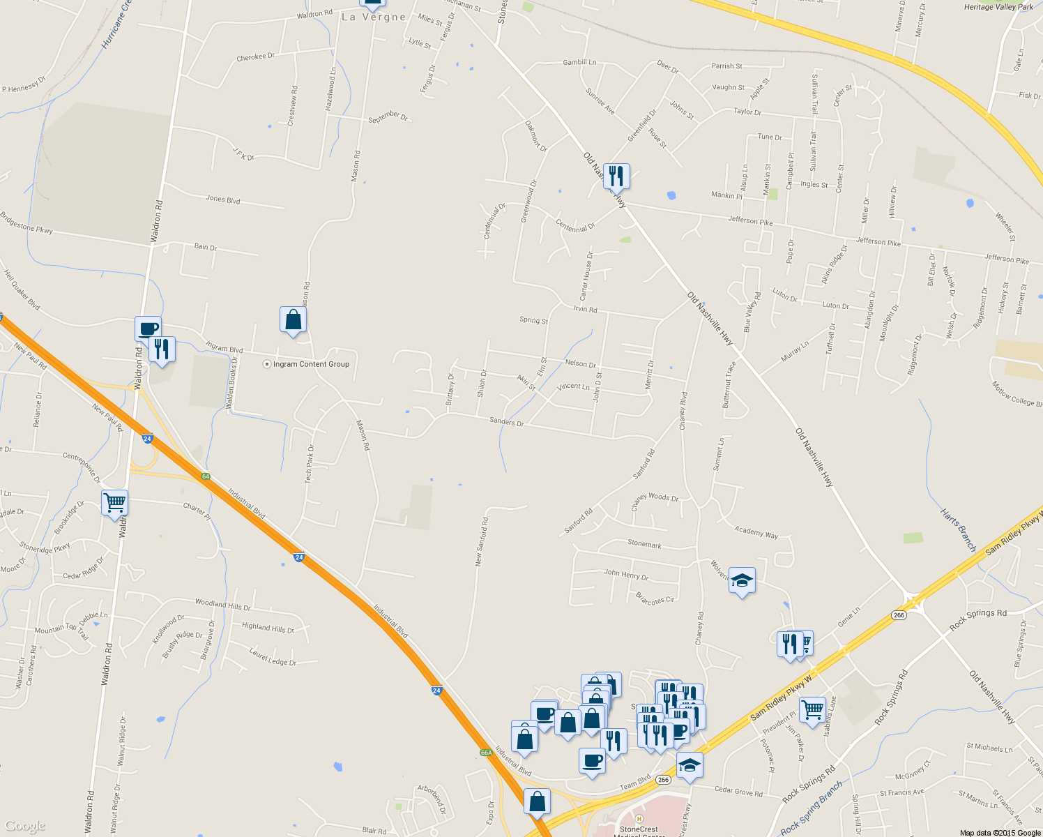 map of restaurants, bars, coffee shops, grocery stores, and more near 152 Vincent Lane in La Vergne
