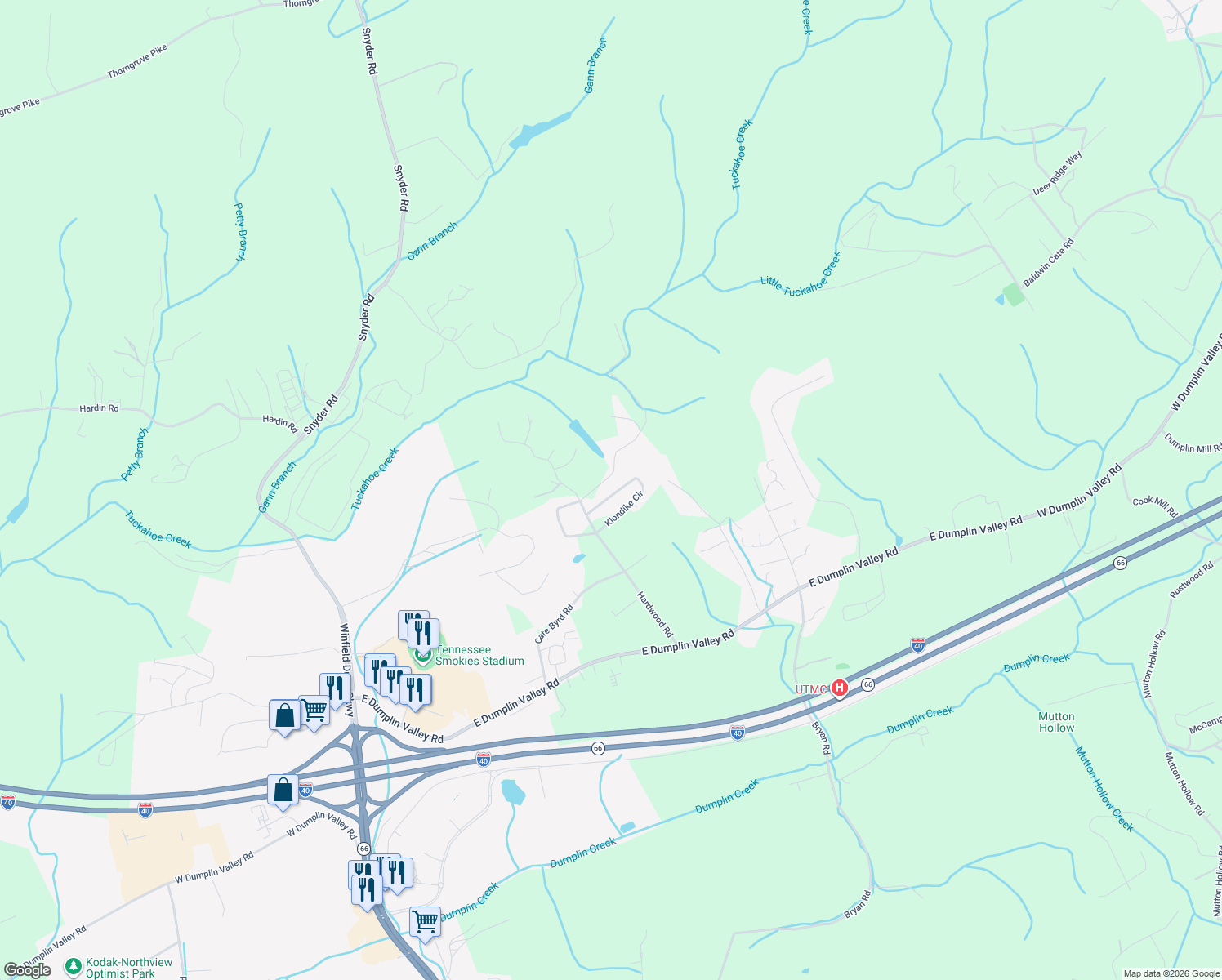 map of restaurants, bars, coffee shops, grocery stores, and more near 464 Klondike Circle in Kodak