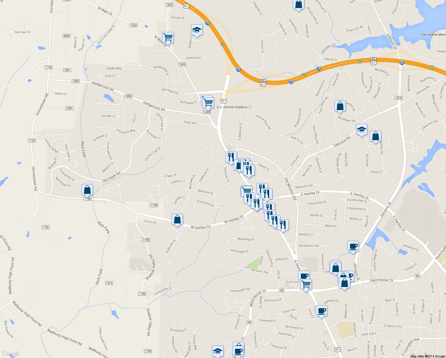 map of restaurants, bars, coffee shops, grocery stores, and more near 204 Jeremy Way in High Point