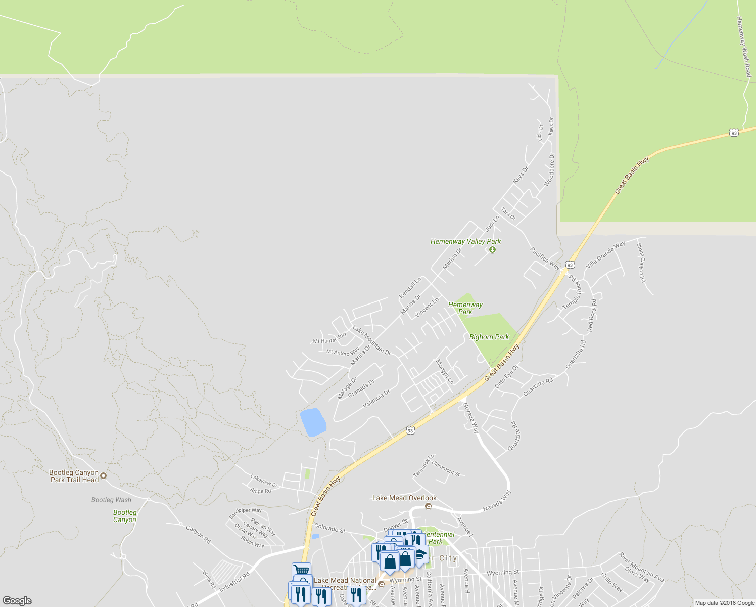 map of restaurants, bars, coffee shops, grocery stores, and more near 673 Mount Bona Way in Boulder City