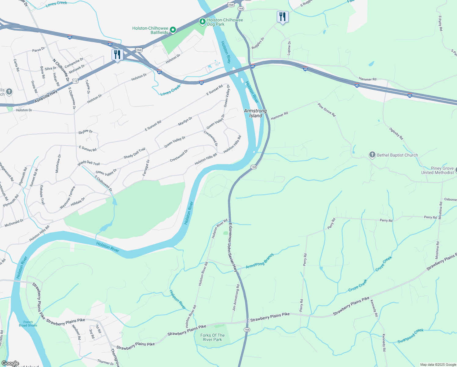 map of restaurants, bars, coffee shops, grocery stores, and more near 4712 Willow Bluff Circle in Knoxville