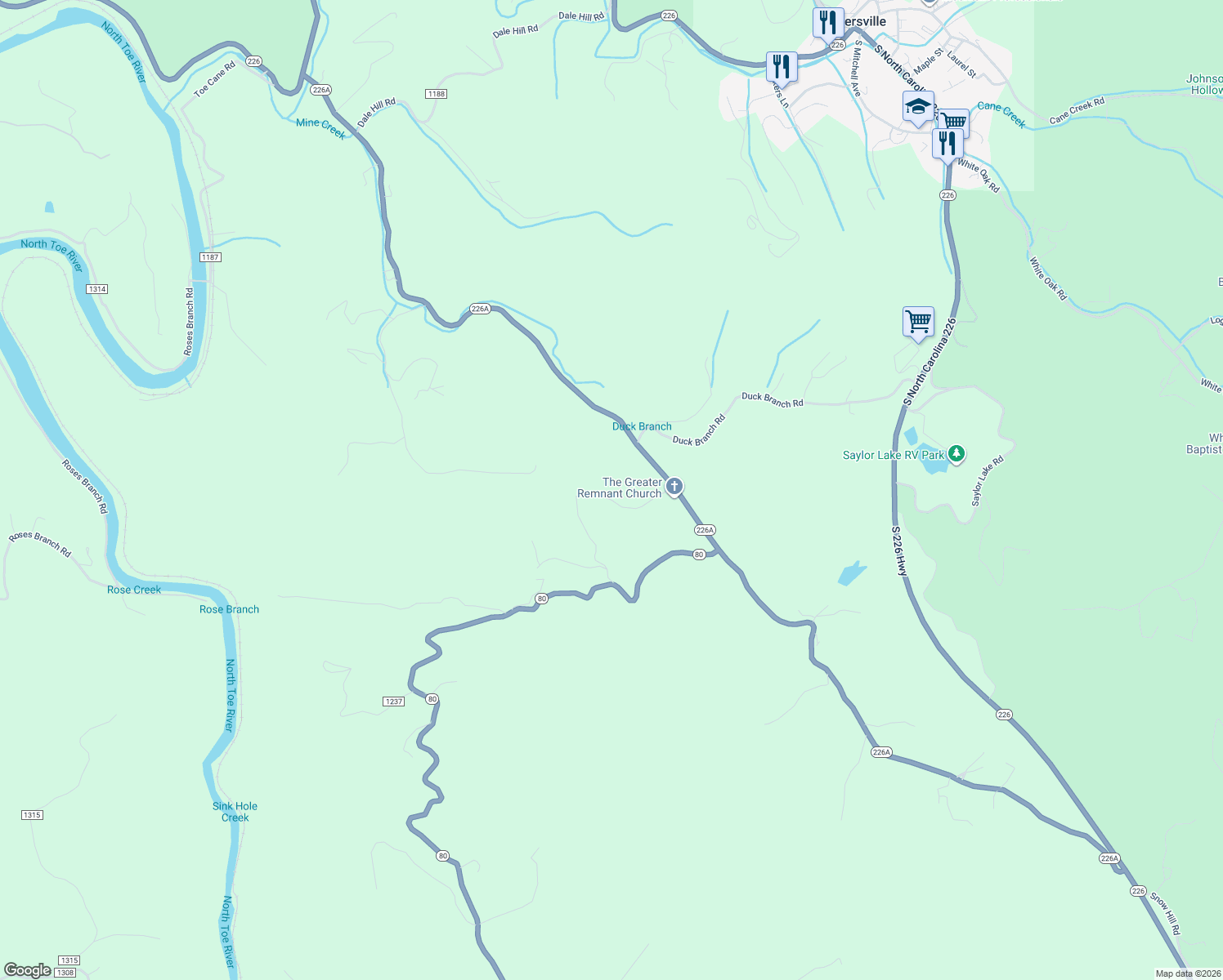 map of restaurants, bars, coffee shops, grocery stores, and more near 212 Buckeye Hollow Road in Bakersville