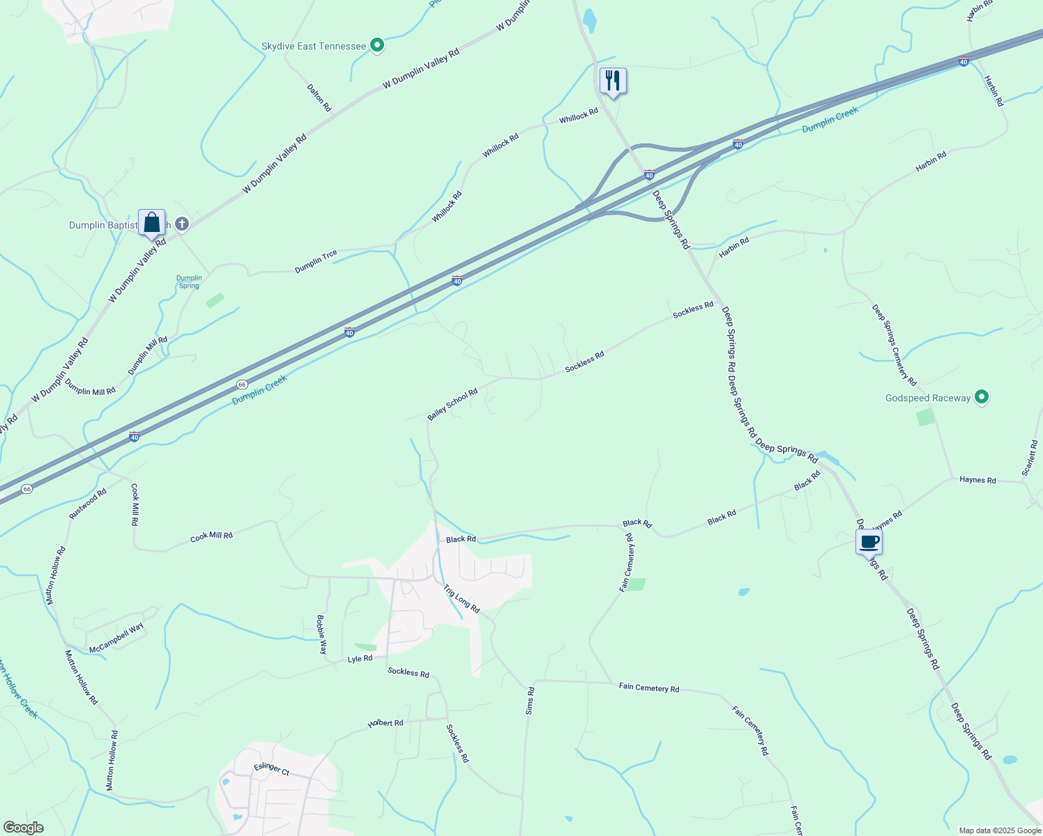 map of restaurants, bars, coffee shops, grocery stores, and more near 2036 Sockless Rd in Dandridge