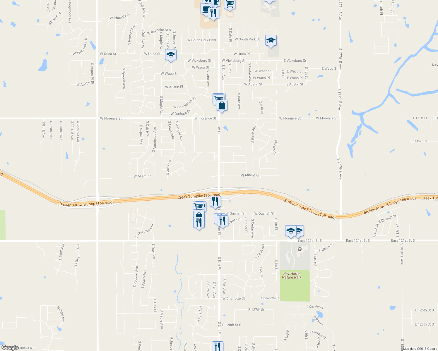 map of restaurants, bars, coffee shops, grocery stores, and more near West Miami Street in Broken Arrow